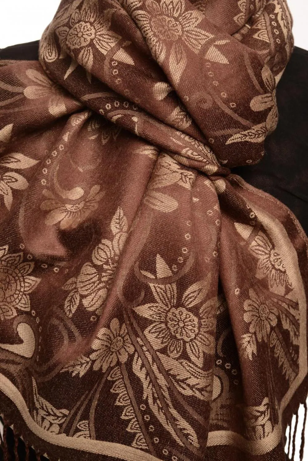 Beige Garden Flowers On Brown Pashmina With Tassels