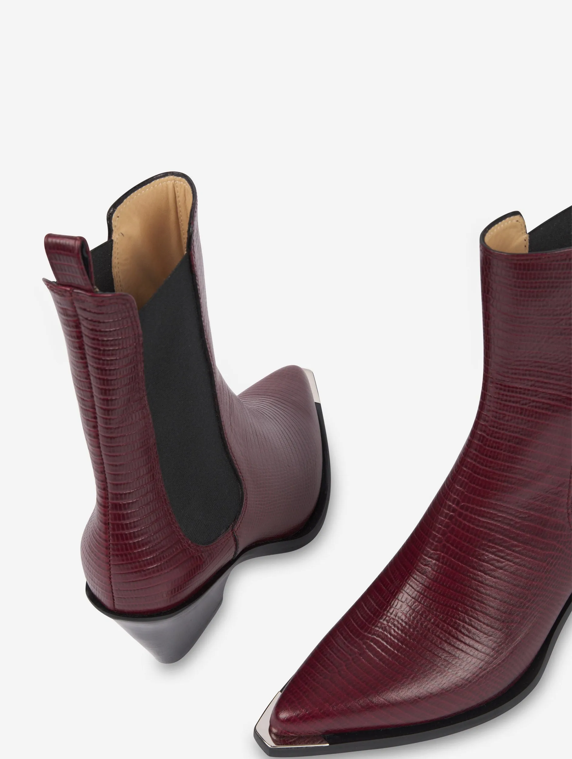 burgundy lizard skin elasticated boots