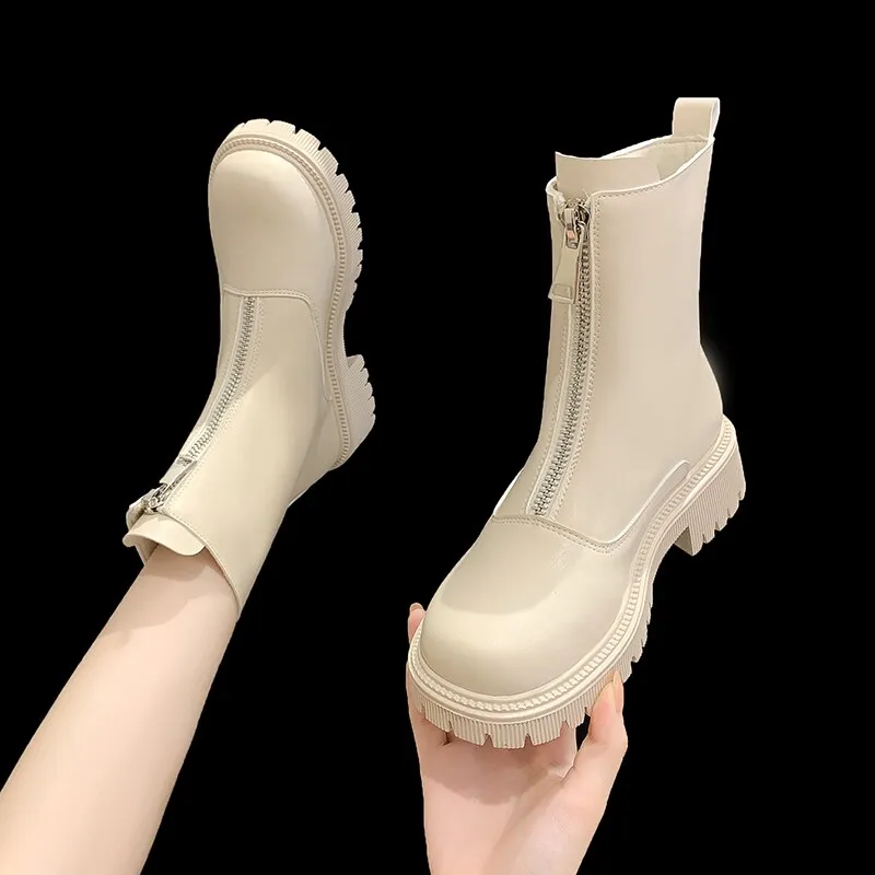 DEANWANGKT Christmas Gift New Front Zipper Chunky Platform Women's Boots Solid Black Beige Boots Women Round Toe High Heel Ankle Boots for Women Eu 35-40