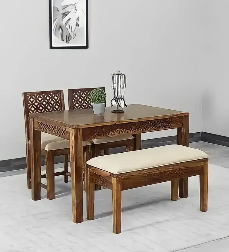 Jodhpur Furniture Sheesham Wood 4 Seater Dining Table with 2 Chairs and Bench Four Seater Dining Room Furniture CNC Design Dinner Table for Living Room Home and Restaurant (Natural Finish)